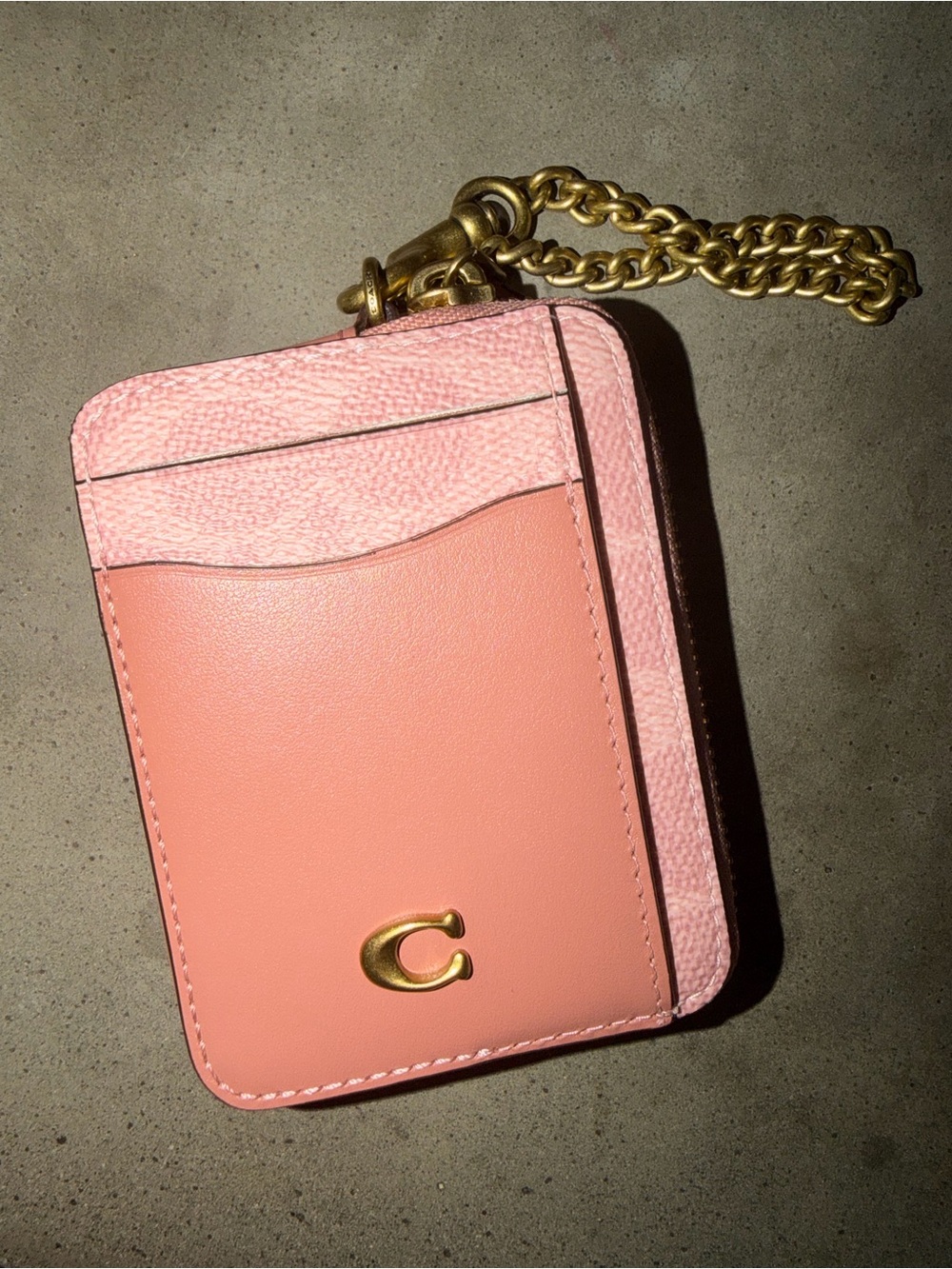 Coach Pink Leather Card Case with Gold Chain and 'C' Logo